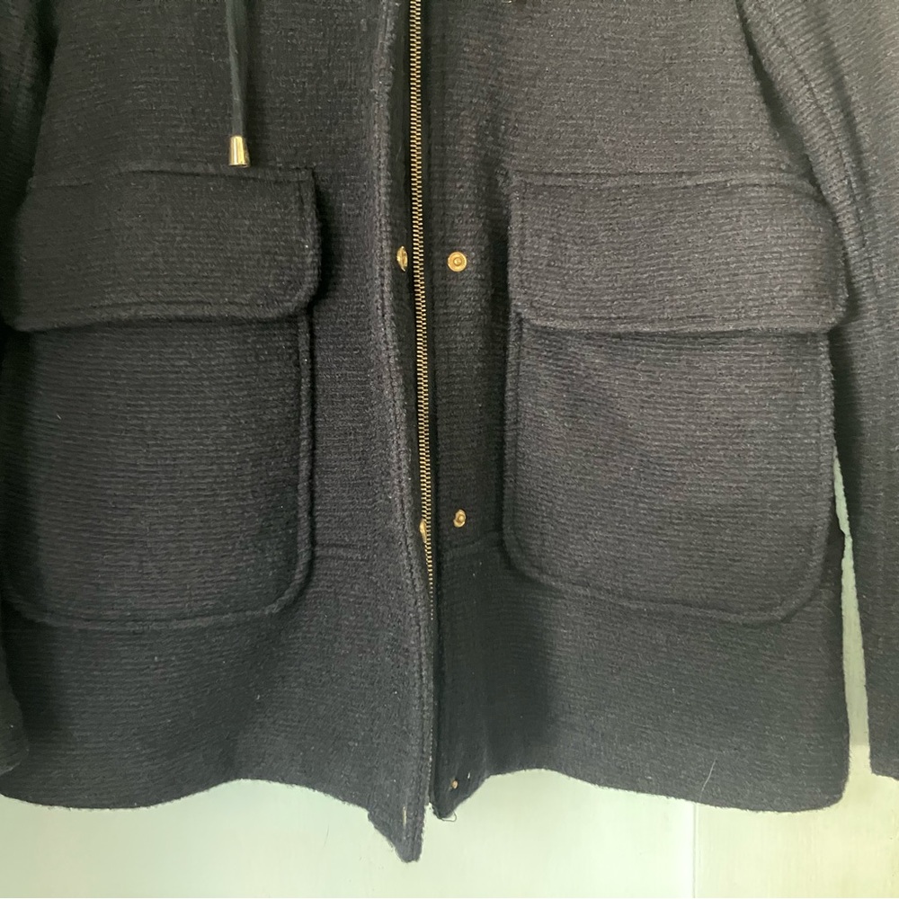 Zara Basic Navy Textured Hooded Coat with Gold-Tone Accents - Picture 7 of 7